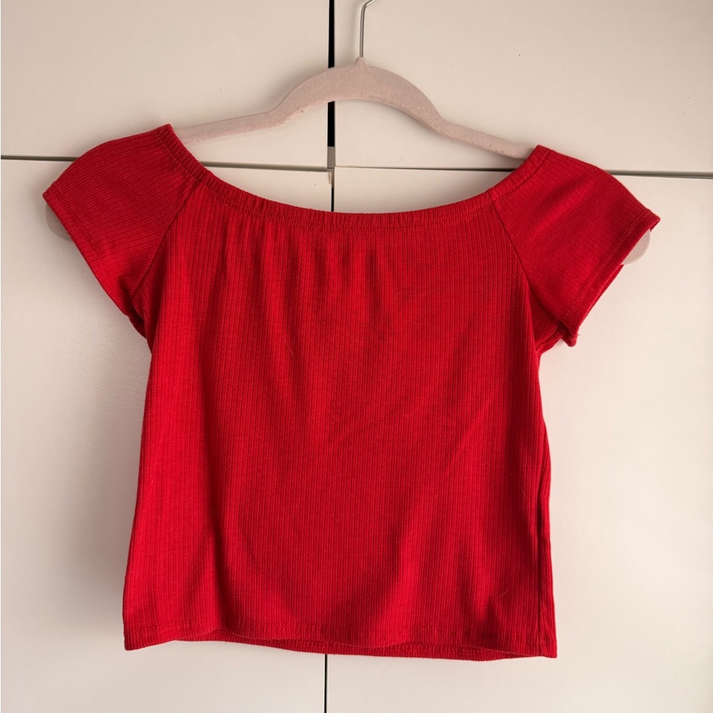 Red Off-Shoulder Ribbed Crop Top